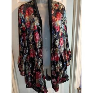 BCBGeneration Velvet Cardigan Colorful Floral On Black Sz L Flared Sleeve...